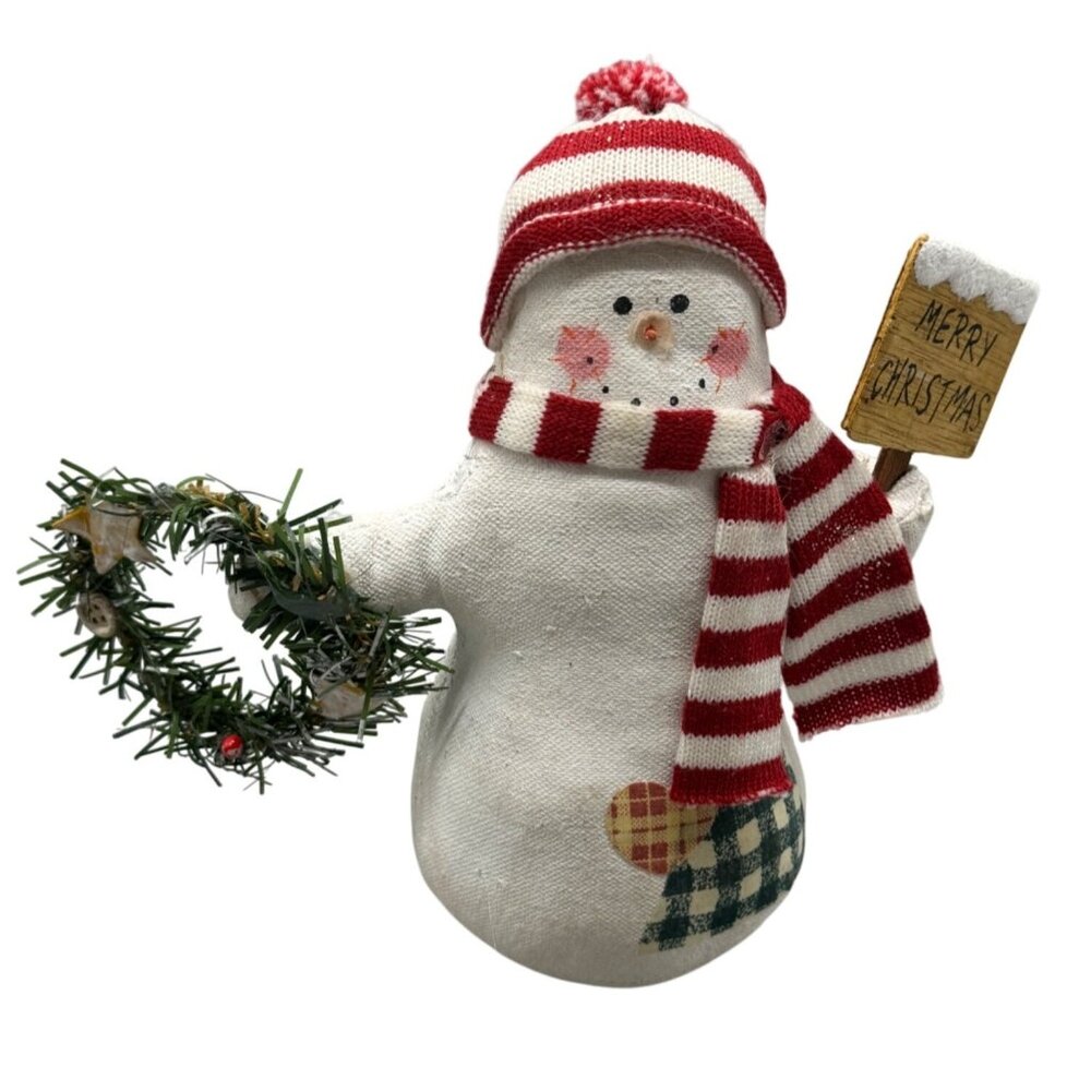 Snowman figurine Merry Christmas wreath sign tree scarf hat decor plush 7" READ